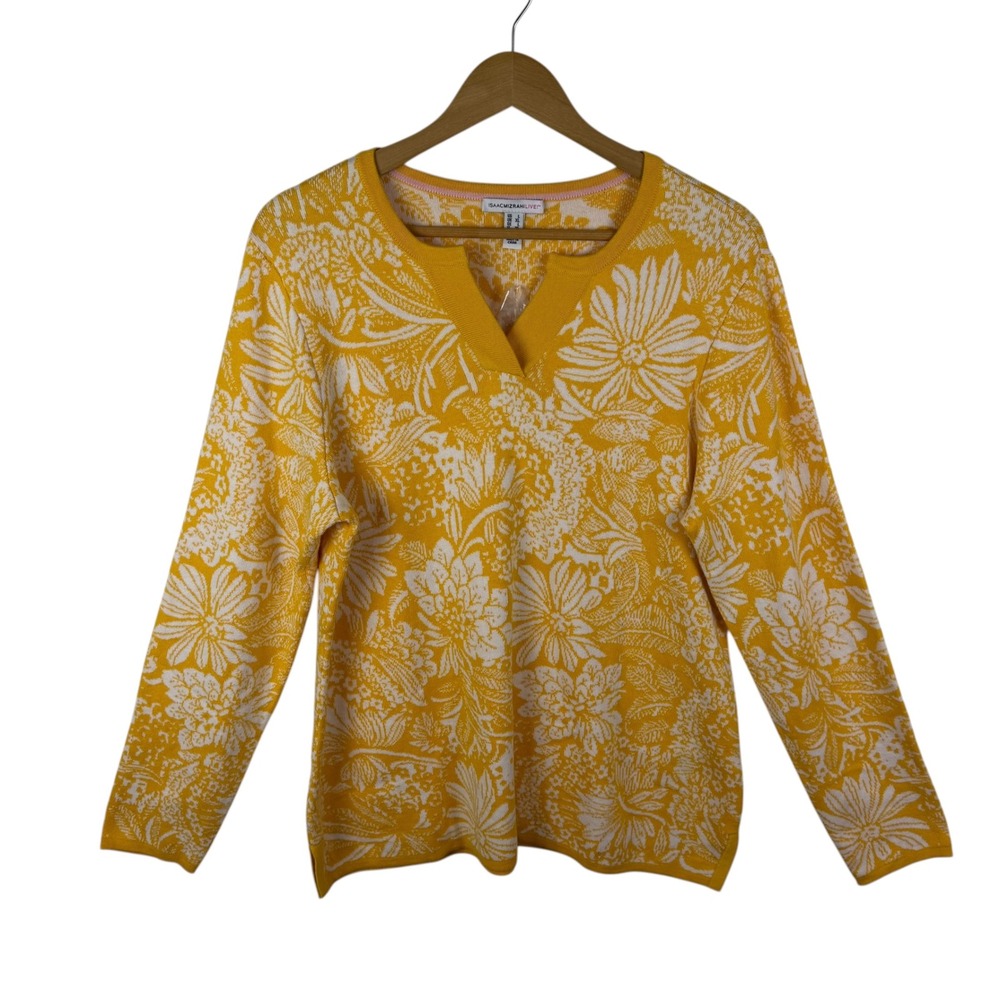 Isaac Mizrahi Live‎ Yellow Floral Jacquard Sweater Large Knit Comfy Cozy Preppy